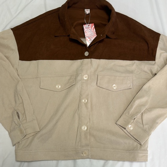 3/$30 NWT Romwe Shirt Jacket Brown Colourblock medium - Picture 2 of 6